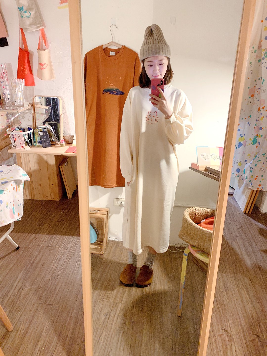 最后一件 丁丁小子 / 陨石、山、雨 /长长口袋手工印花圆领t - 洋装/连衣裙 - 棉 白色