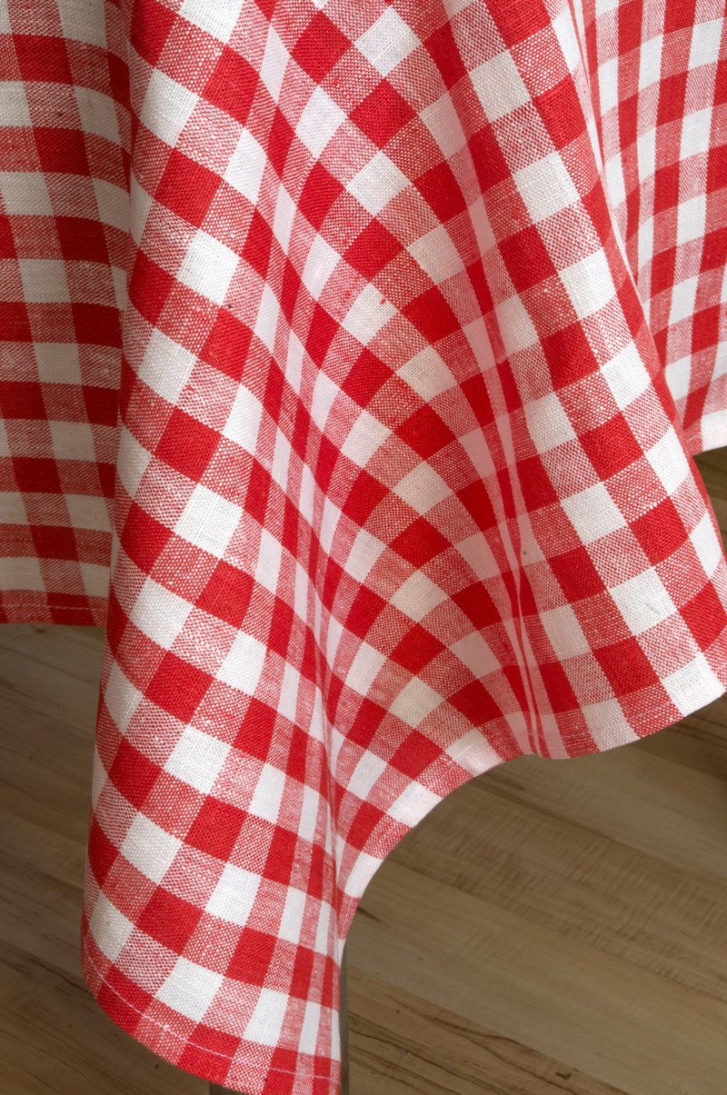 Red white checkered linen tablecloth, festive tablecloth, farmhouse tablecloth - 被子/毛毯 - 亚麻 红色