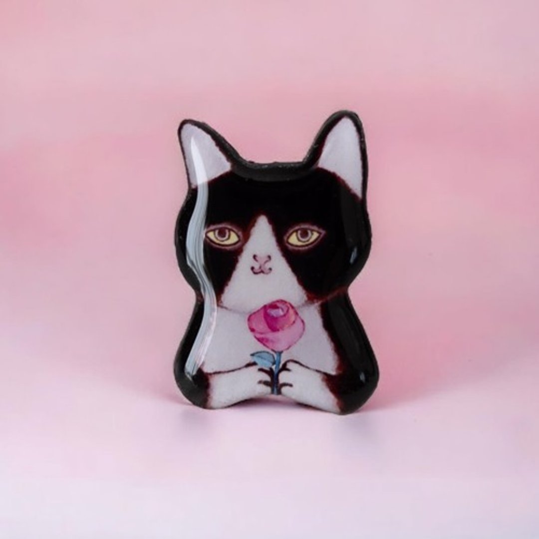 玫瑰与花猫胸针 - 胸针 - 塑料 