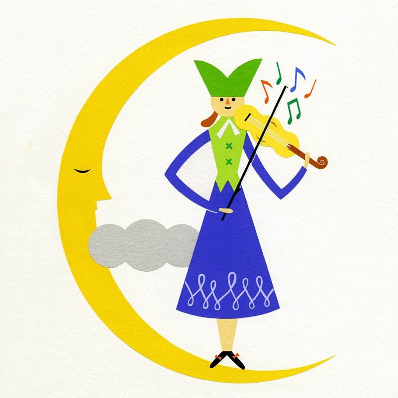 Sleeping Moon crescentmoon crescent violin Violin picture minoru furuse Illustration japan Illustration original stencil handmade - 海报/装饰画/版画 - 纸 黄色