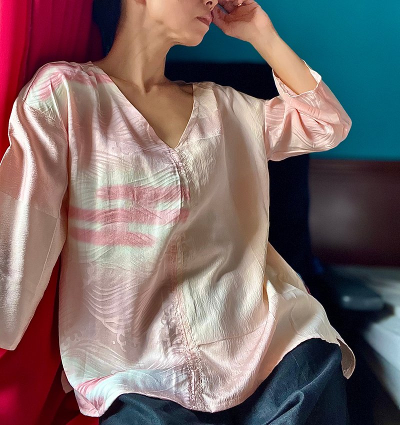 全新和服改造衬衫 珍珠粉色丝绸 率性风格宽松上衣 - 女装上衣 - 丝．绢 粉红色