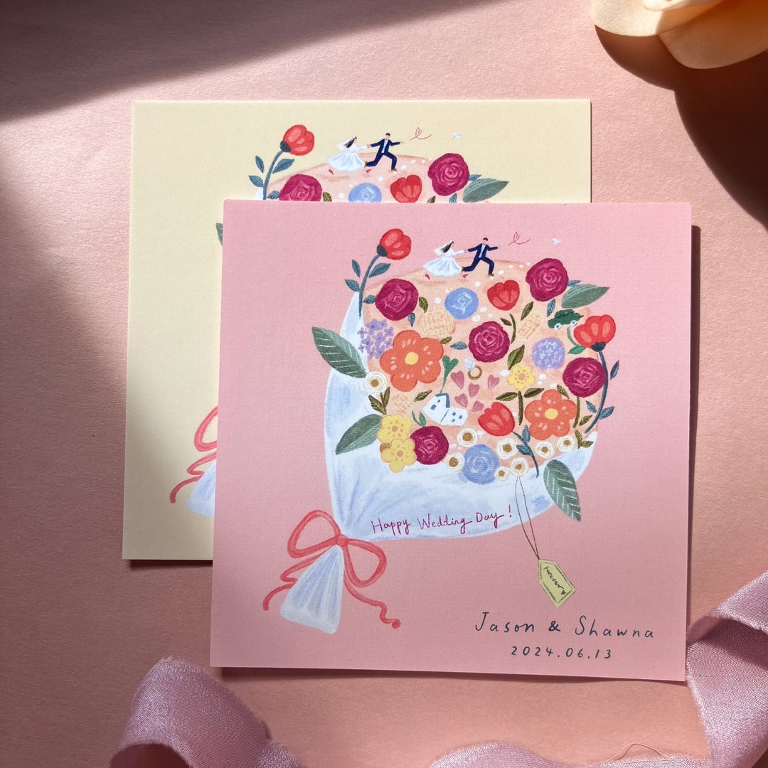 【定制】花嫁喜饼谢卡 可爱插画 代印姓名 日期 背后文字 - 卡片/明信片 - 纸 粉红色