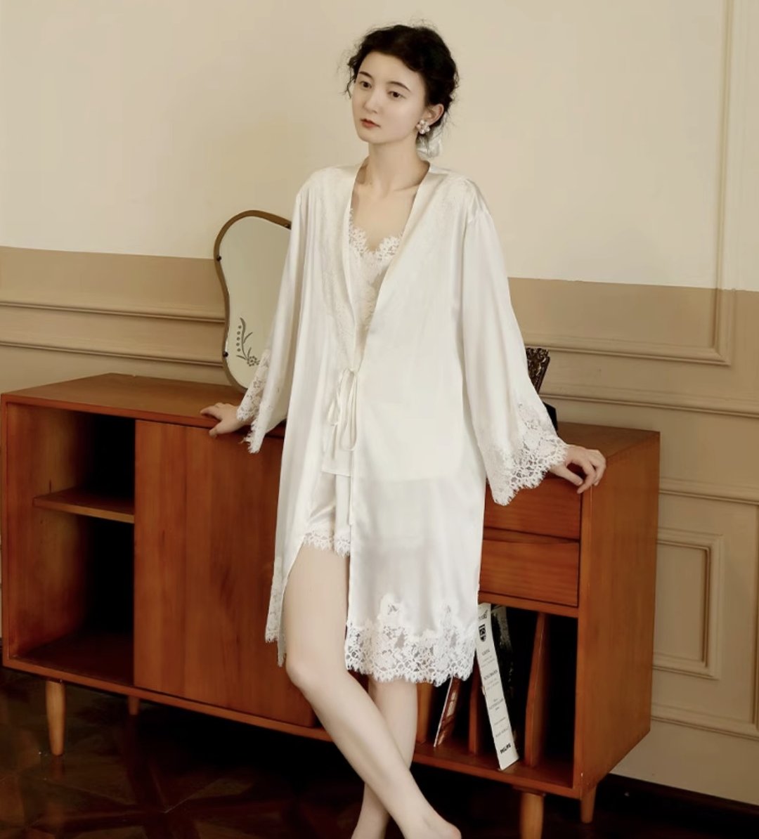 法式复古 真丝结婚晨袍 桑蚕丝新娘睡袍 - 居家服/睡衣 - 丝．绢 多色