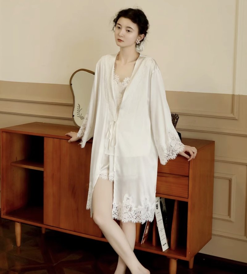 法式复古 真丝结婚晨袍 桑蚕丝新娘睡袍 - 居家服/睡衣 - 丝．绢 多色
