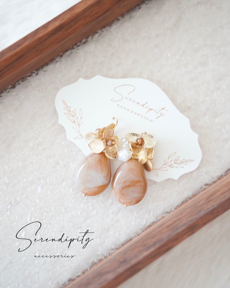 德国云石纹彩珠耳环 - 灰褐色 - 耳环/耳夹 - 其他金属 卡其色