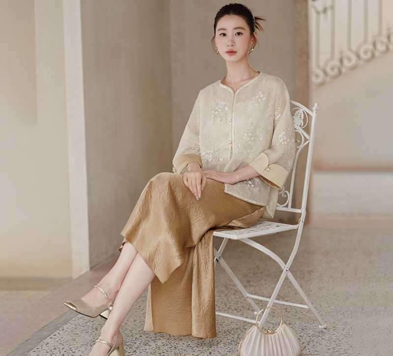 【亮片刺绣】新中式复古中国风 对襟盘扣上衣/半裙 - 女装上衣 - 其他材质 金色