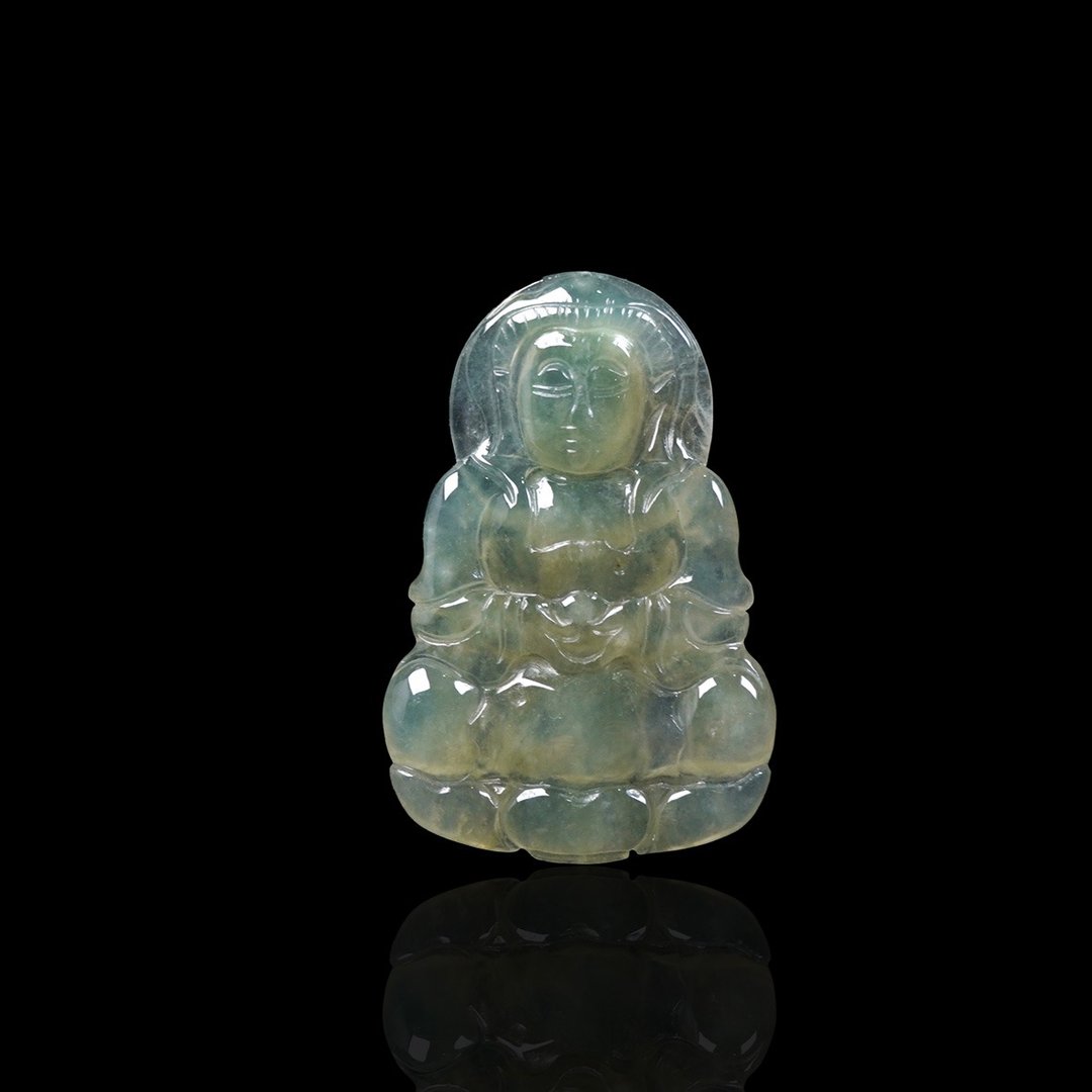 冰种飘绿翡翠观音菩萨项链 | 天然缅甸玉翡翠A货 | 送礼 - 项链 - 玉石 绿色