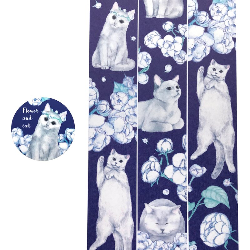 深蓝的 花与猫 纸胶带 慵懒 灰猫 萌萌 蓝猫 - 纸胶带 - 纸 蓝色
