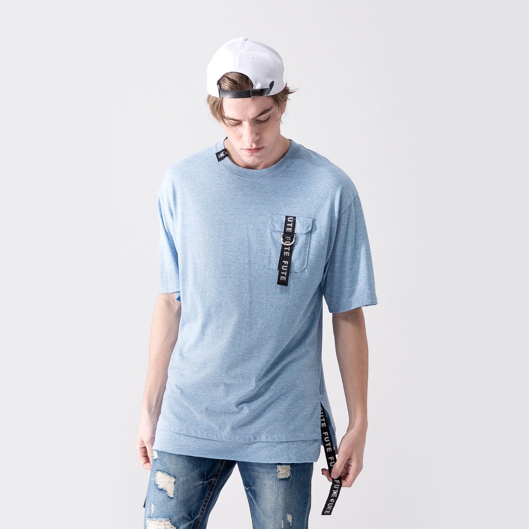 【中性款】 宽松落肩  口袋设计 短袖t-shirt / 牛仔蓝 - 男装上衣/T 恤 - 棉 蓝色