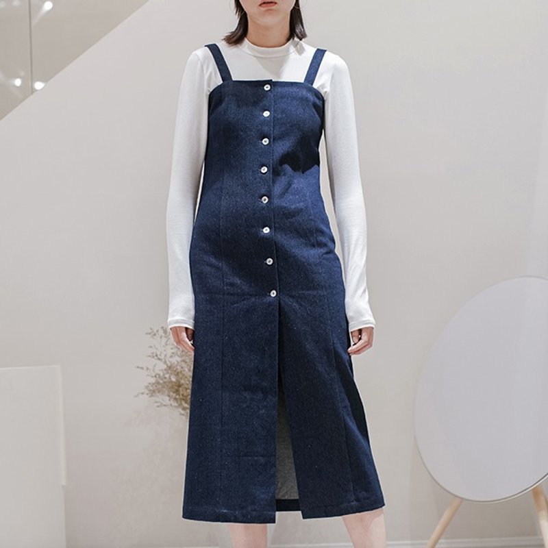 牛仔蓝 修身显瘦水洗牛仔布 Denim丹甯纽扣式开叉洋装 秋冬新款内搭吊带连衣裙  | 番塔塔独立设计女装 - 洋装/连衣裙 - 棉．麻 蓝色