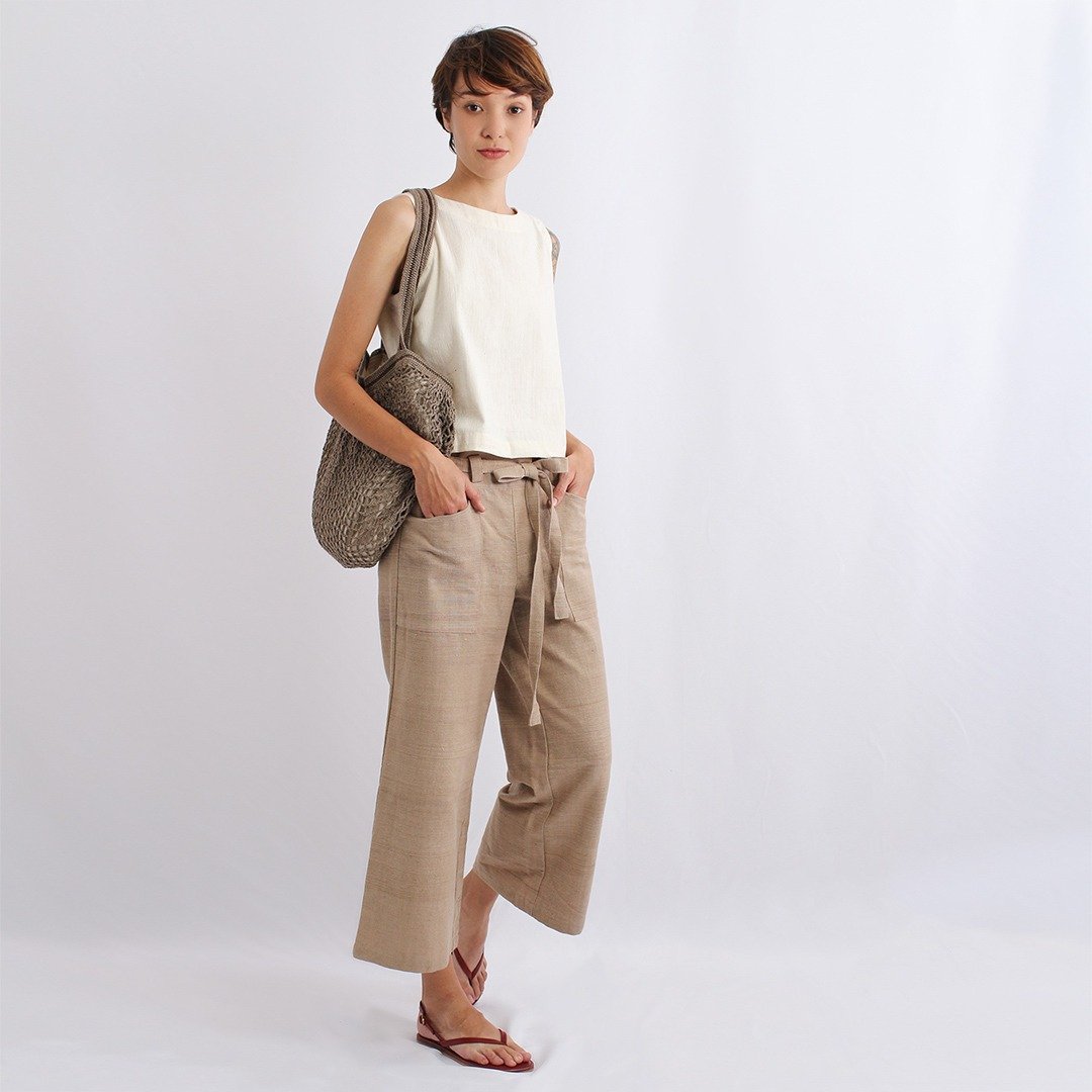 Hand Woven Natural Dyed Cotton Pants, Beige, Maple - 男士长裤 - 棉．麻 卡其色