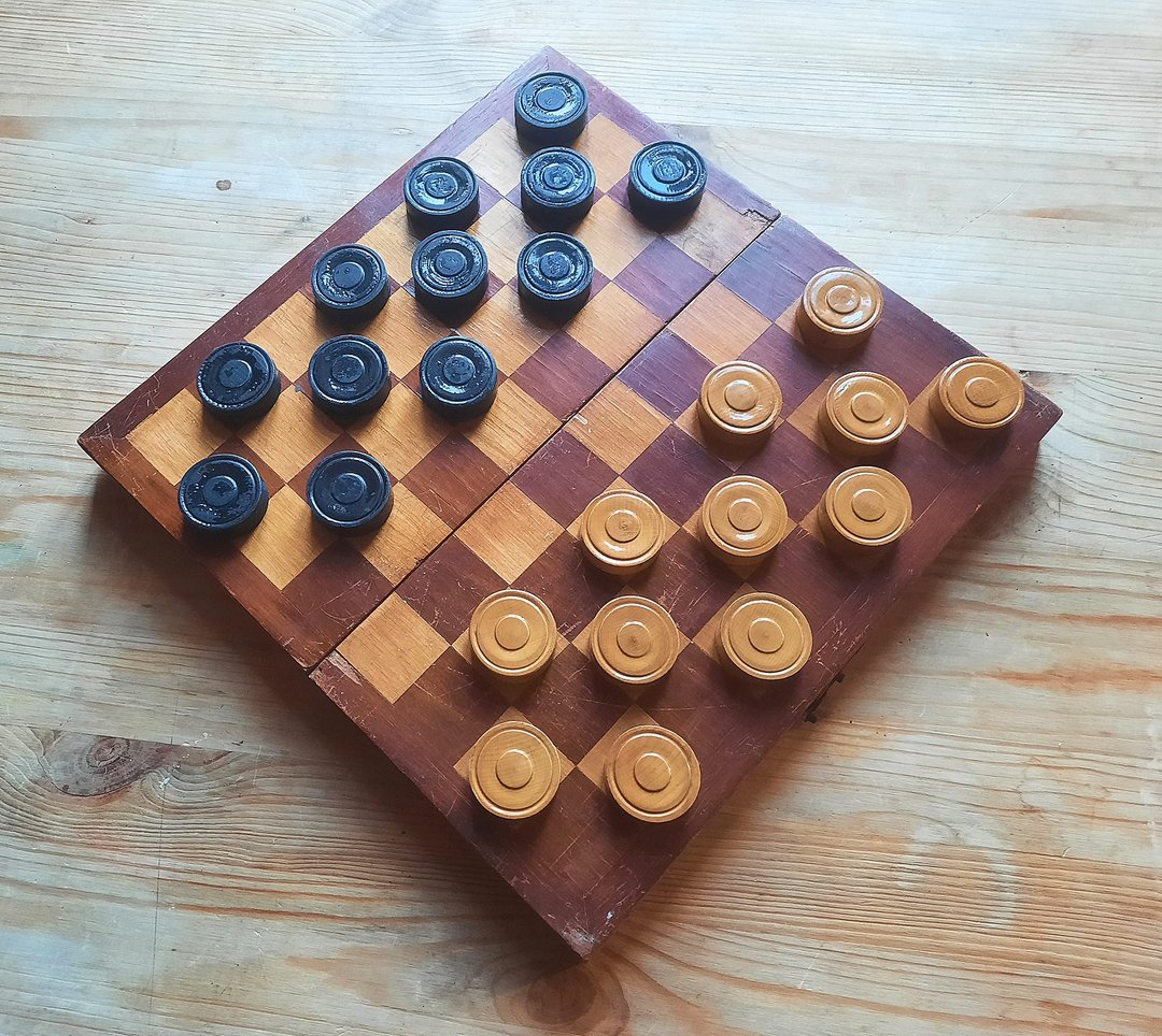 老木跳棋和折叠棋盘 – 苏联跳棋游戏 1950 年代复古 - 桌游/玩具 - 木头 咖啡色