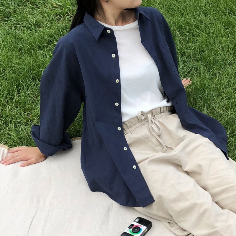 深蓝棉麻衬衫/day by day - 女装衬衫 - 棉．麻 蓝色