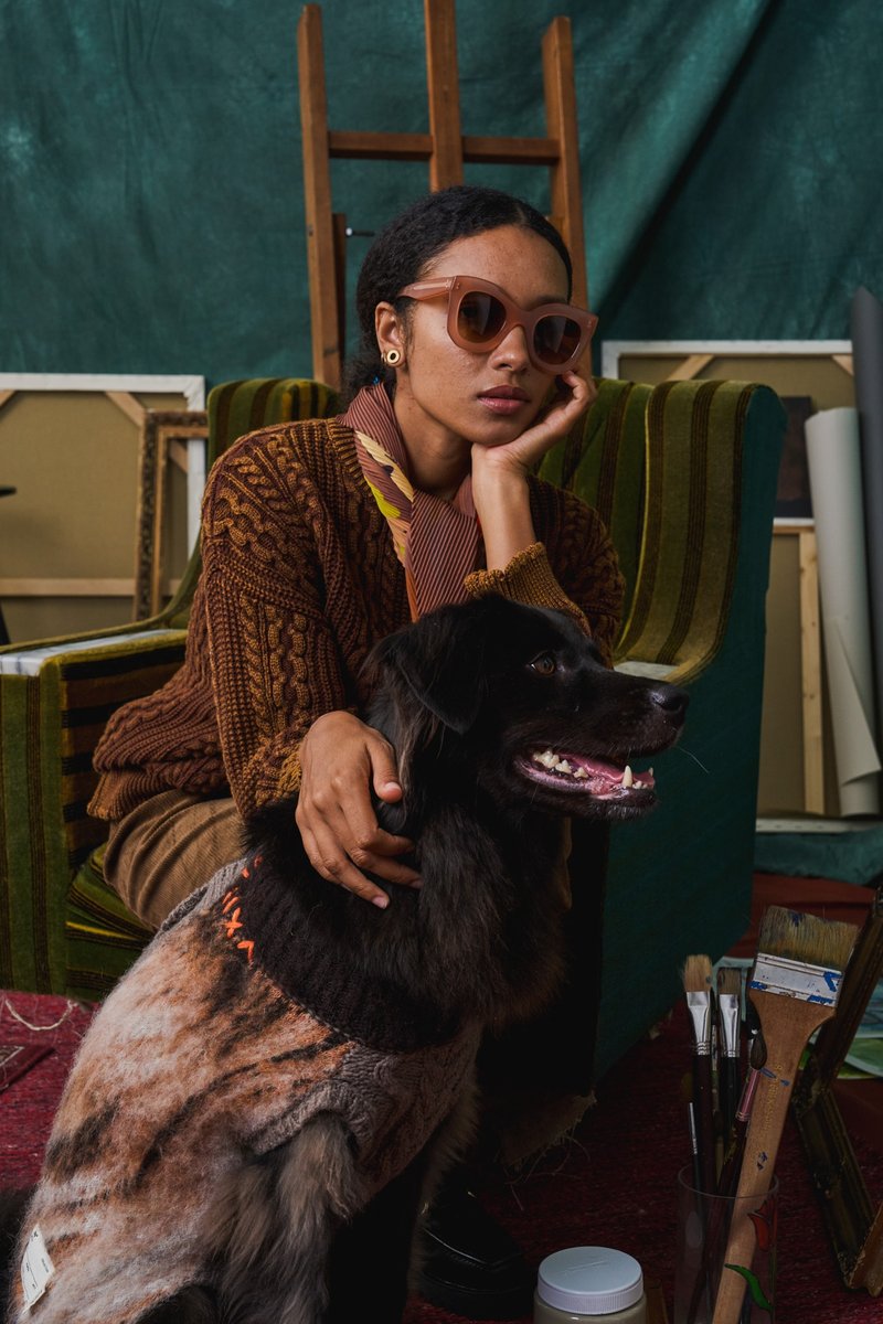 MULTI LAB - 409拼接麻花与毛感假卡图案宠物毛衣 - 衣/帽 - 羊毛 咖啡色