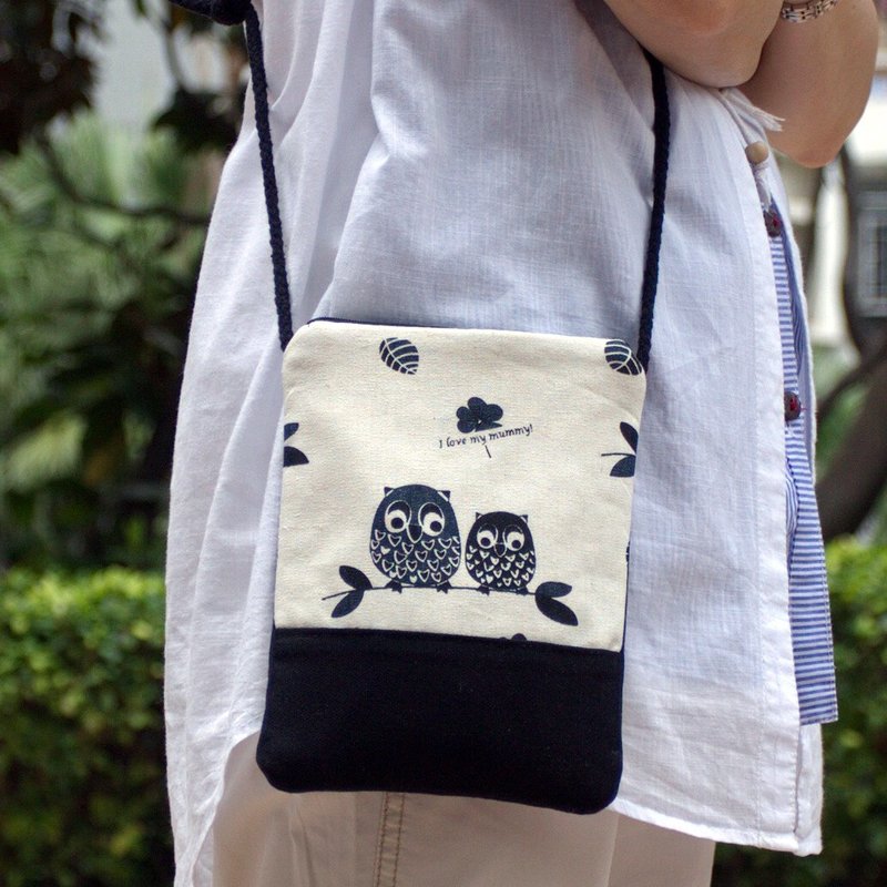 电话包/肩背包/钭背包/手机袋 ~ 黑色猫头鹰(D6) - 侧背包/斜挎包 - 棉．麻 黑色