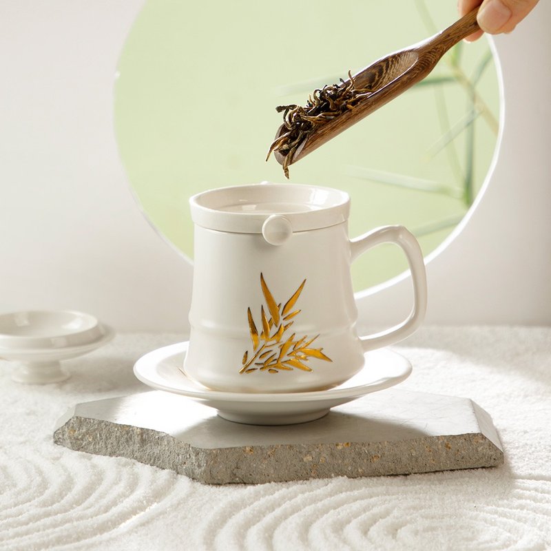 竹君子四件杯 / 附茶漏+杯盘 / 鎏金 / 3色 190ml - 咖啡杯/马克杯 - 瓷 白色