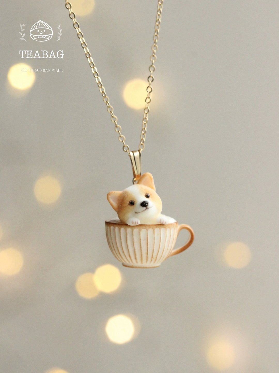 puppy cafe可爱狗狗柯基咖啡馆项链吊坠首饰 - 项链 - 树脂 金色
