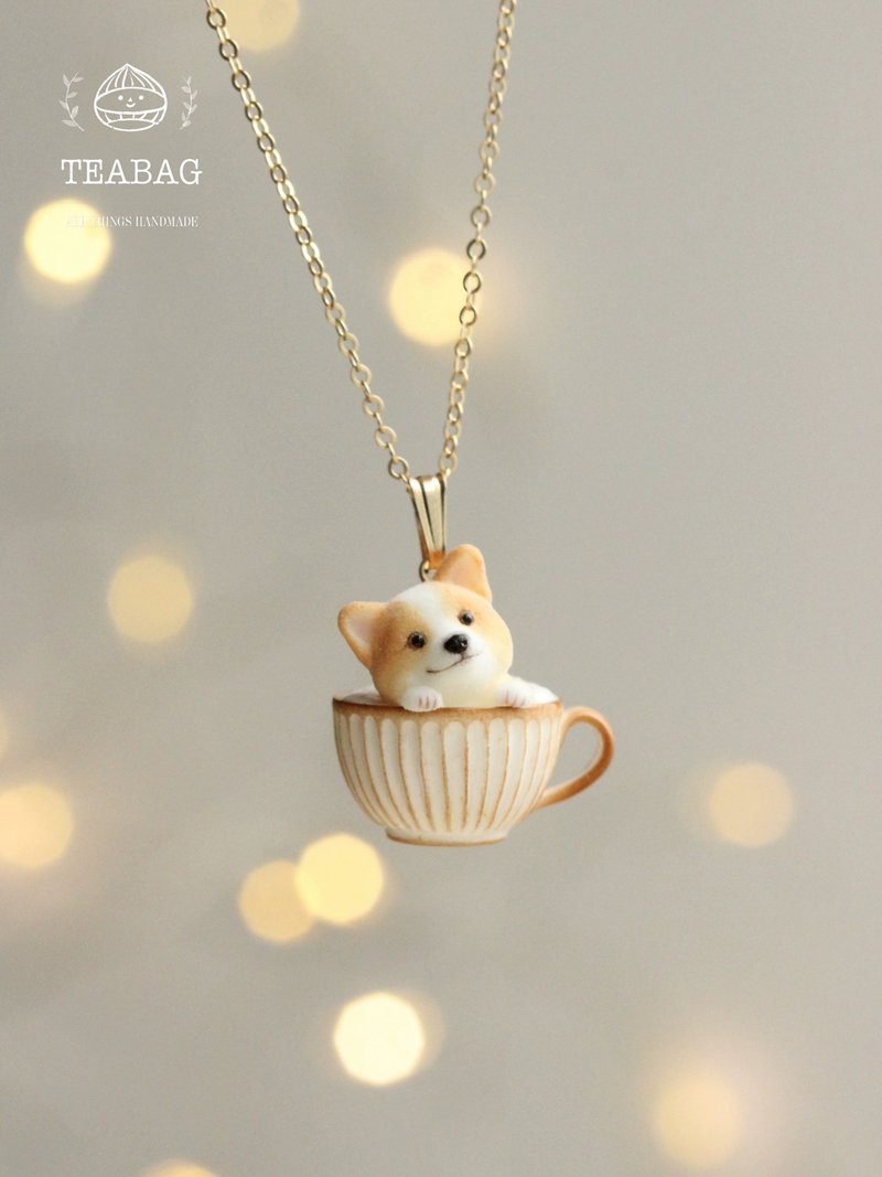 puppy cafe可爱狗狗柯基咖啡馆项链吊坠首饰 - 项链 - 树脂 金色
