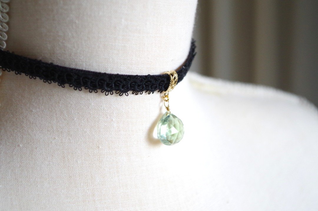 Tatting lace and velvet ribbon choker green amethyst - 项链 - 棉 绿色