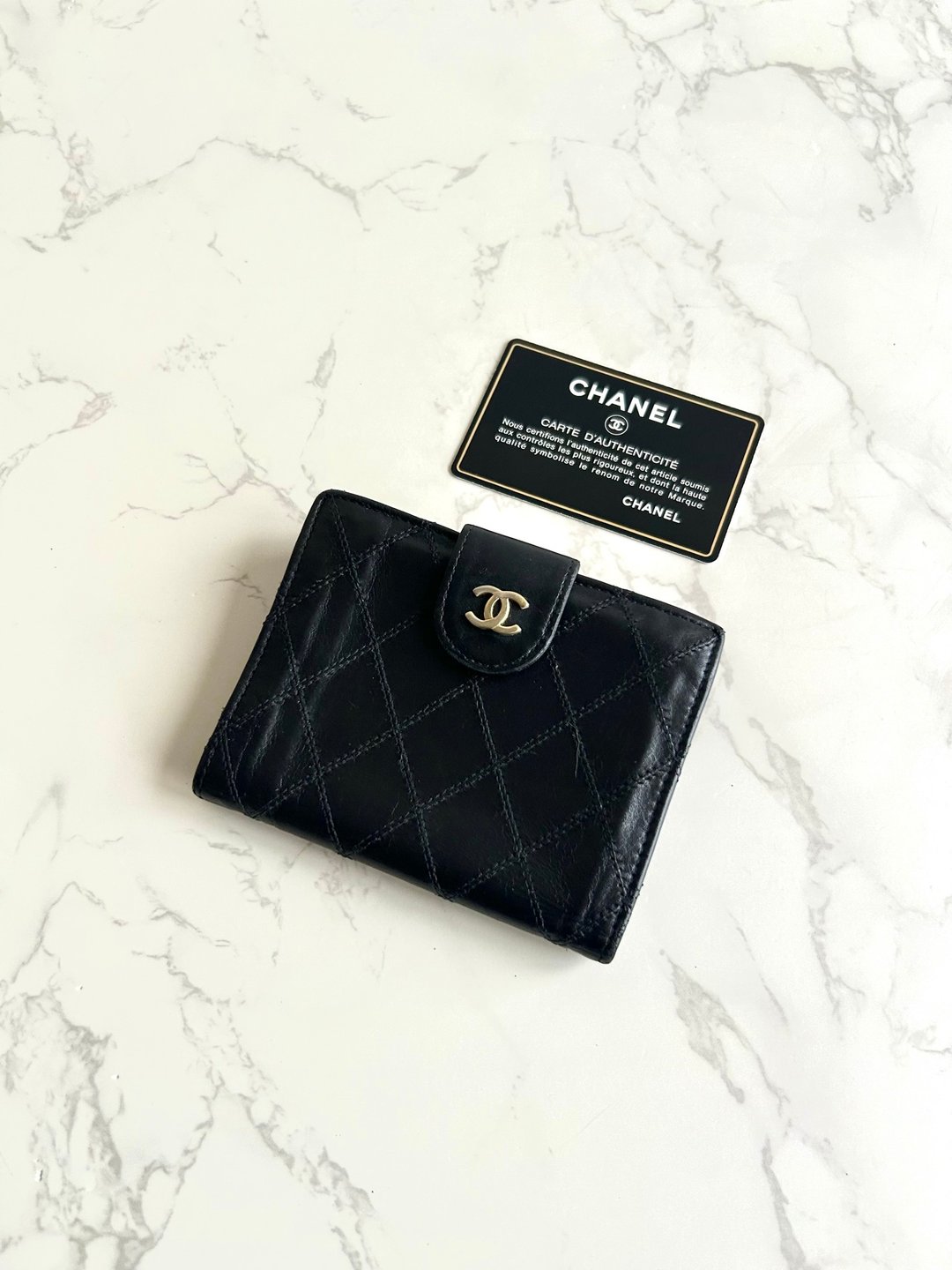 中古 Chanel 黑金色羊皮皮革中夹 皮夹 钱包 短夹 二手包 小包 古董 - 皮夹/钱包 - 真皮 黑色