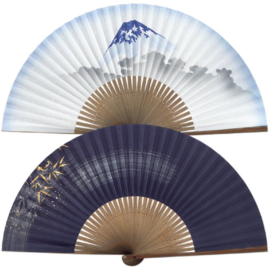 京都双面型折手绘京扇子-富士山与竹 - 扇子 - 棉 