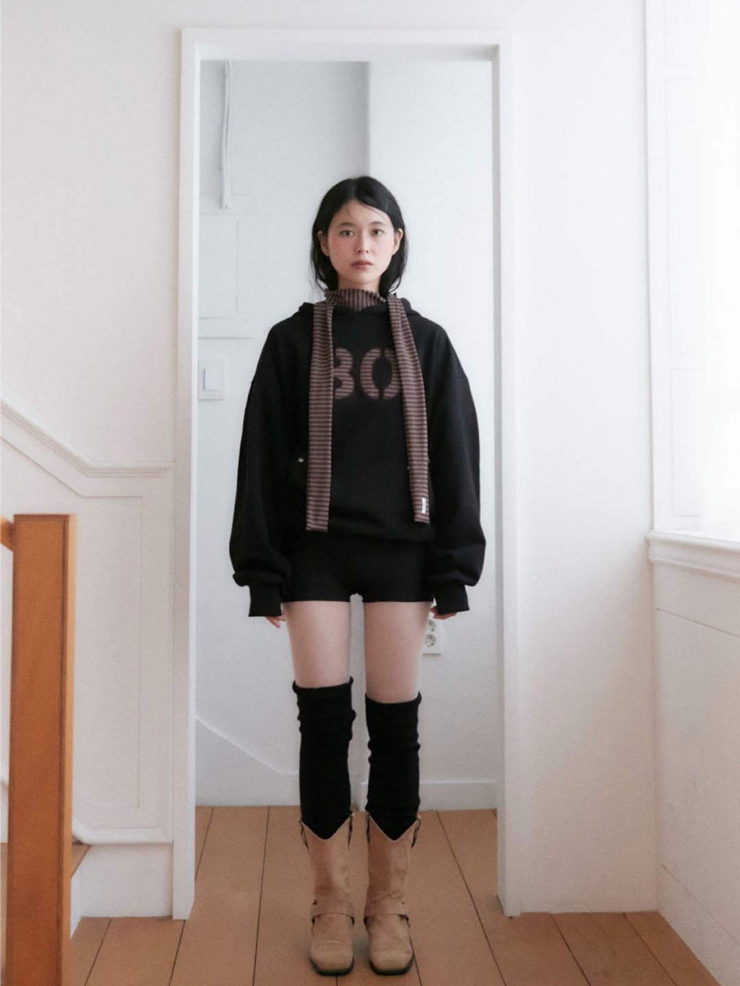 UNISEX 30 条纹连帽衫 (黑色) - 中性连帽卫衣/T 恤 - 棉．麻 黑色