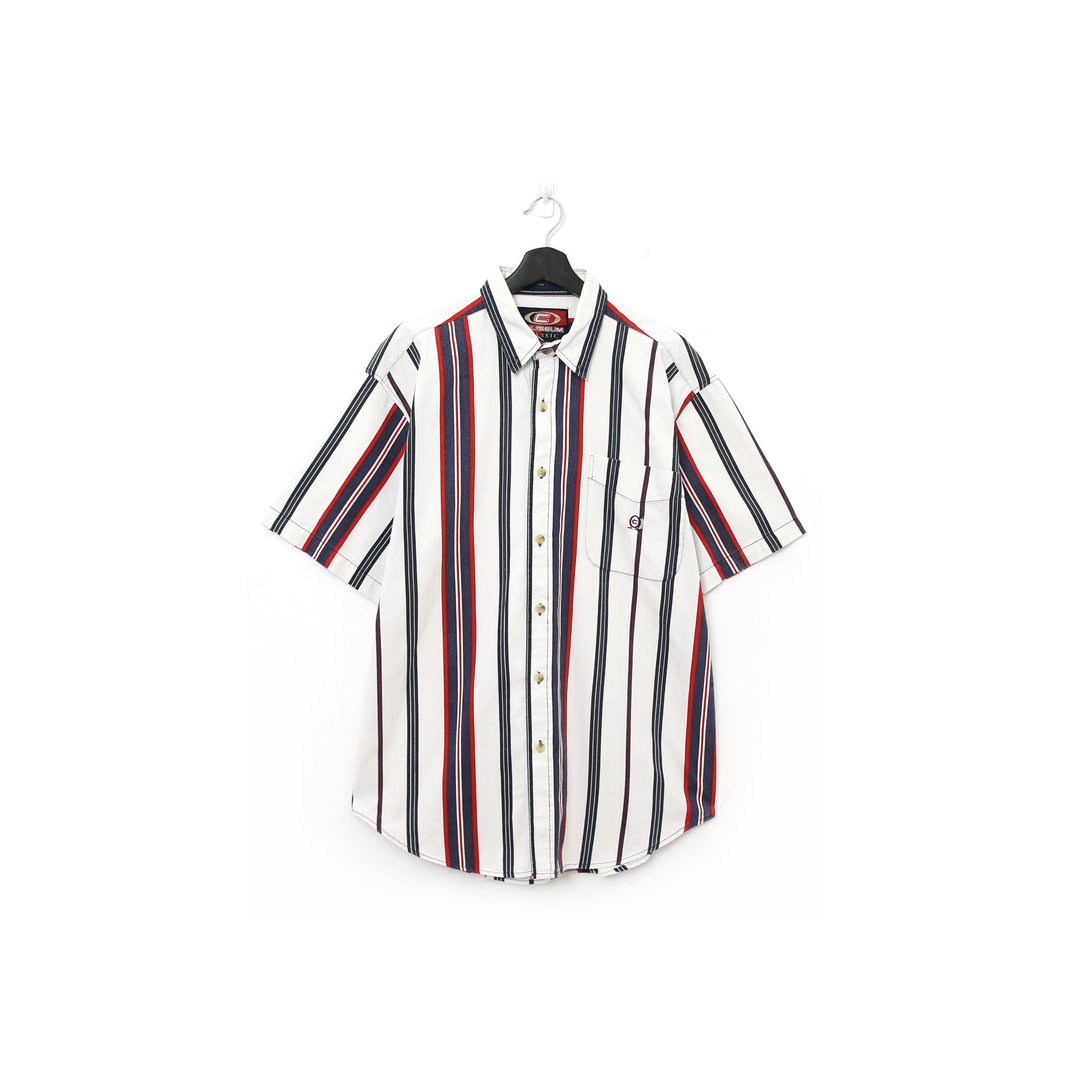 Back to Green- 短袖条纹衬衫 白底蓝红 vintage shirt - 男装衬衫 - 棉 