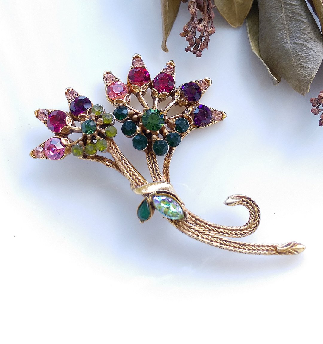 Vintage Jewelry 西洋古董饰品  FLORENZA 多彩 大花卉 别针 - 徽章/别针 - 其他金属 金色