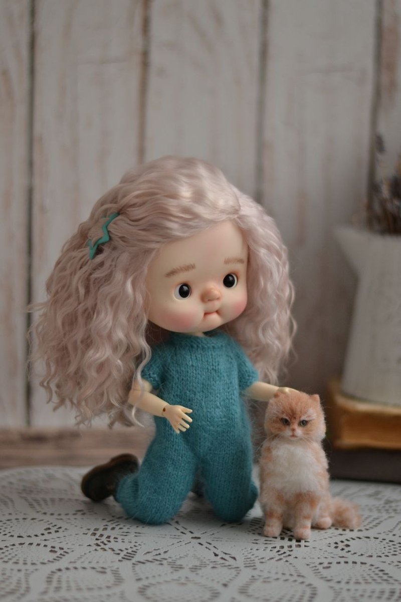 Qbaby 娃娃专用假发 + 针织连身衣 - 发饰 - 羊毛 粉红色