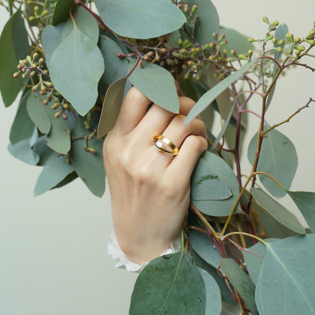 The Twins Ring/ 925 纯银珍珠双圈戒指 - 戒指 - 银 金色