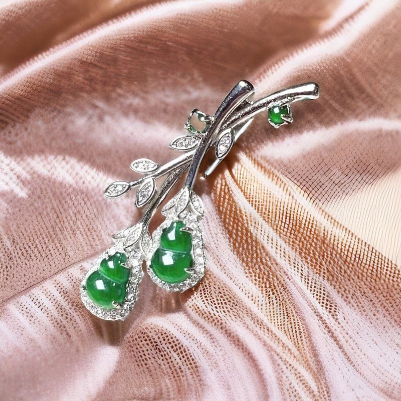 冰种老坑绿翡翠葫芦胸针吊坠两用款 925纯银 | 天然翡翠A货 |送礼 - 胸针 - 玉石 绿色