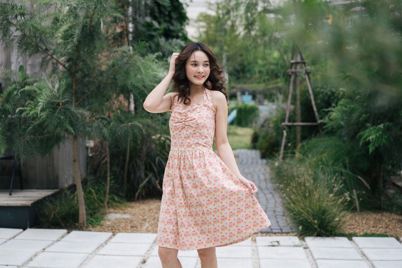 Vintage Dress Petite Floral Dress in Brown Party or Casual Wear Bridesmaid Dress - 洋装/连衣裙 - 棉．麻 卡其色