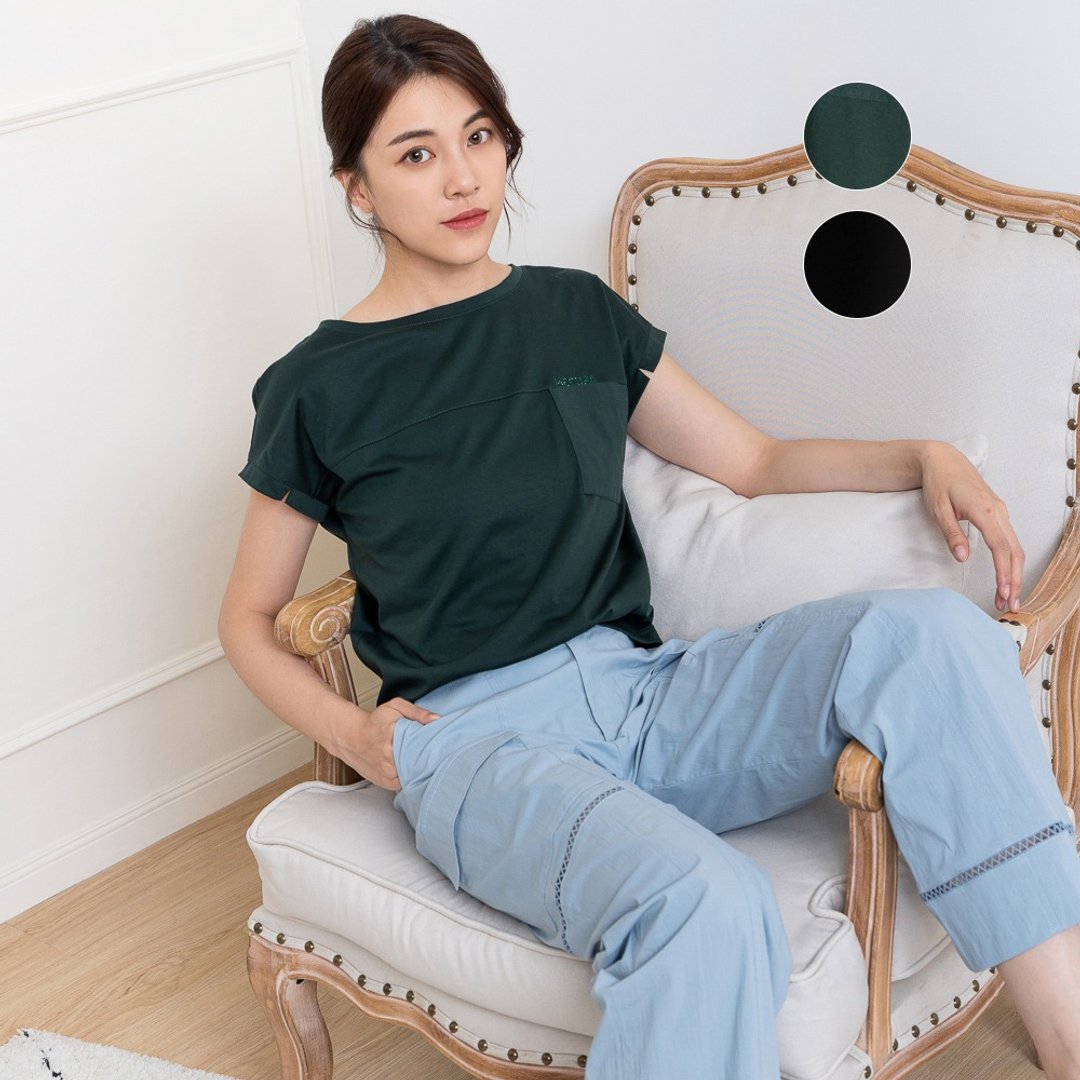 【MEDUSA】小口袋切接落肩素面T恤(M-XL) | 女休闲上衣 短版T恤 - 女装 T 恤 - 棉．麻 绿色