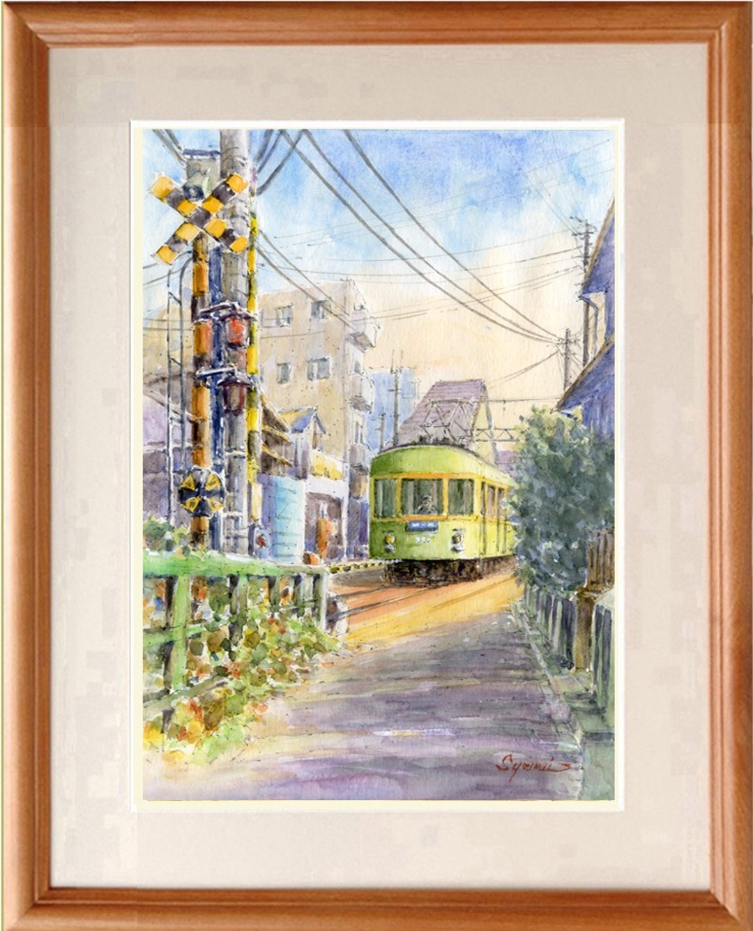 Original watercolor painting Enoden crossing the Enoshima station railroad crossing - 海报/装饰画/版画 - 纸 绿色
