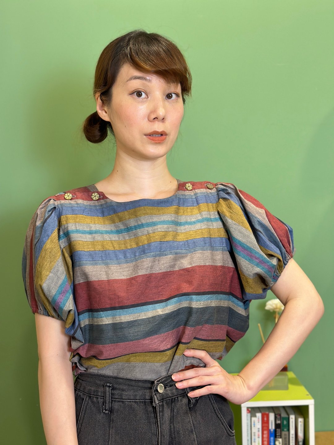 彩条澎袖棉上衣 - 女装上衣 - 棉 多色