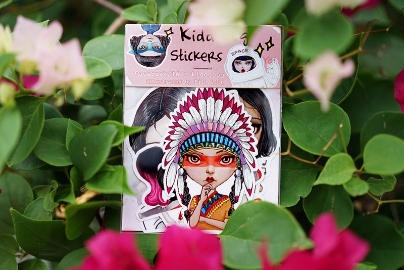 Kiddodog Sticker Pack - Set of 6 - Kawaii girl Character - Cute stickers - Leia - Harley Quinn - Native American - Cinderella - Tahiti. - 贴纸 - 纸 