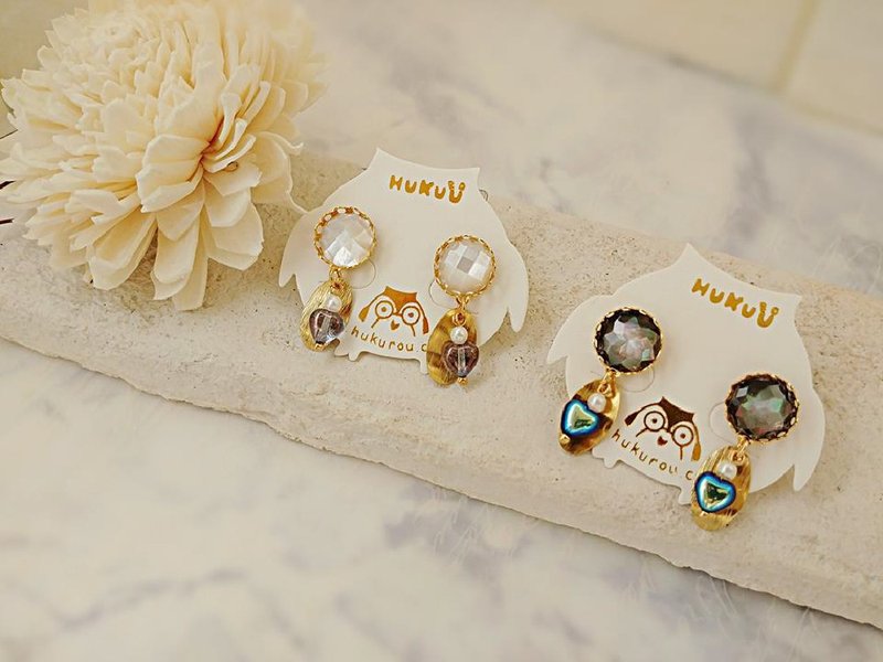 HUKUROU母贝切面拉丝叶耳环 - 耳环/耳夹 - 其他材质 多色