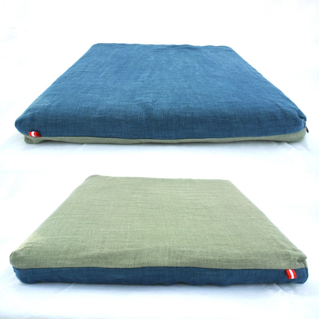 M-Zabuton seat Cushion Indigo and Gardenia natural dyed Linen, 40x40cm / 15.7in - 枕头/抱枕 - 棉 蓝色