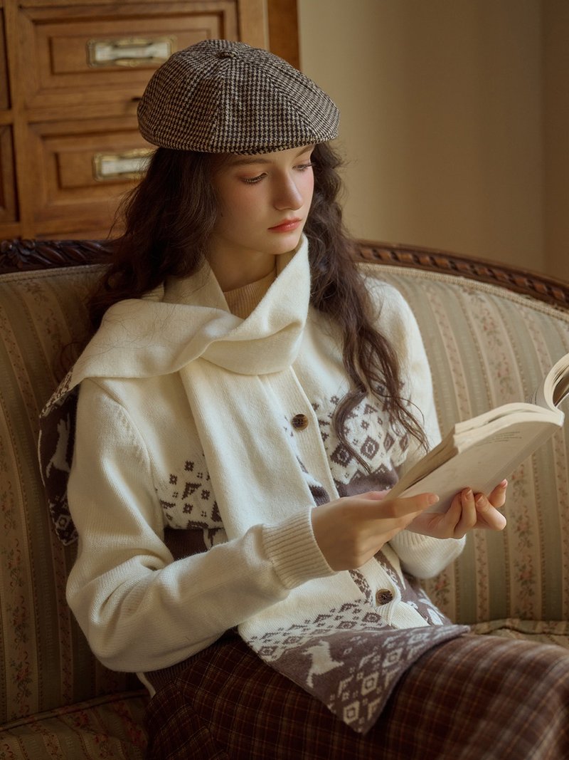 Giana 提花費爾島羊毛開襟衫含圍巾 - 女装上衣 - 羊毛 咖啡色