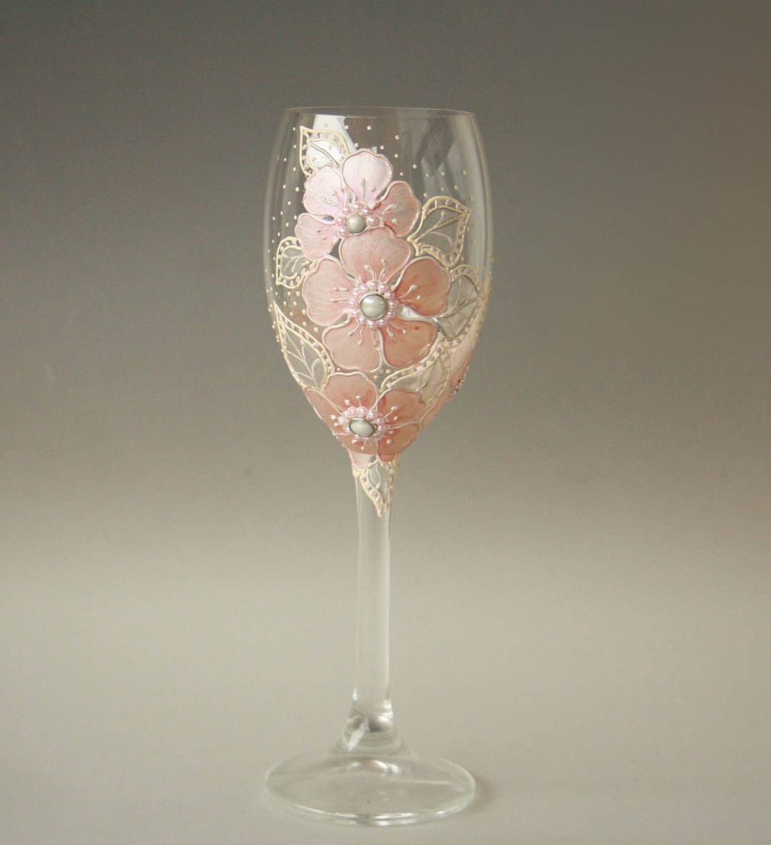 Wune Glass Pink Flowers Hand-painted - 酒杯/酒器 - 玻璃 粉红色