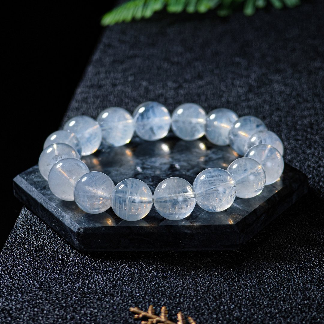 天然蓝针水晶手链 | 天使羽毛般的羽雾结晶 大颗粒 13mm+ 水晶 - 手链/手环 - 水晶 白色