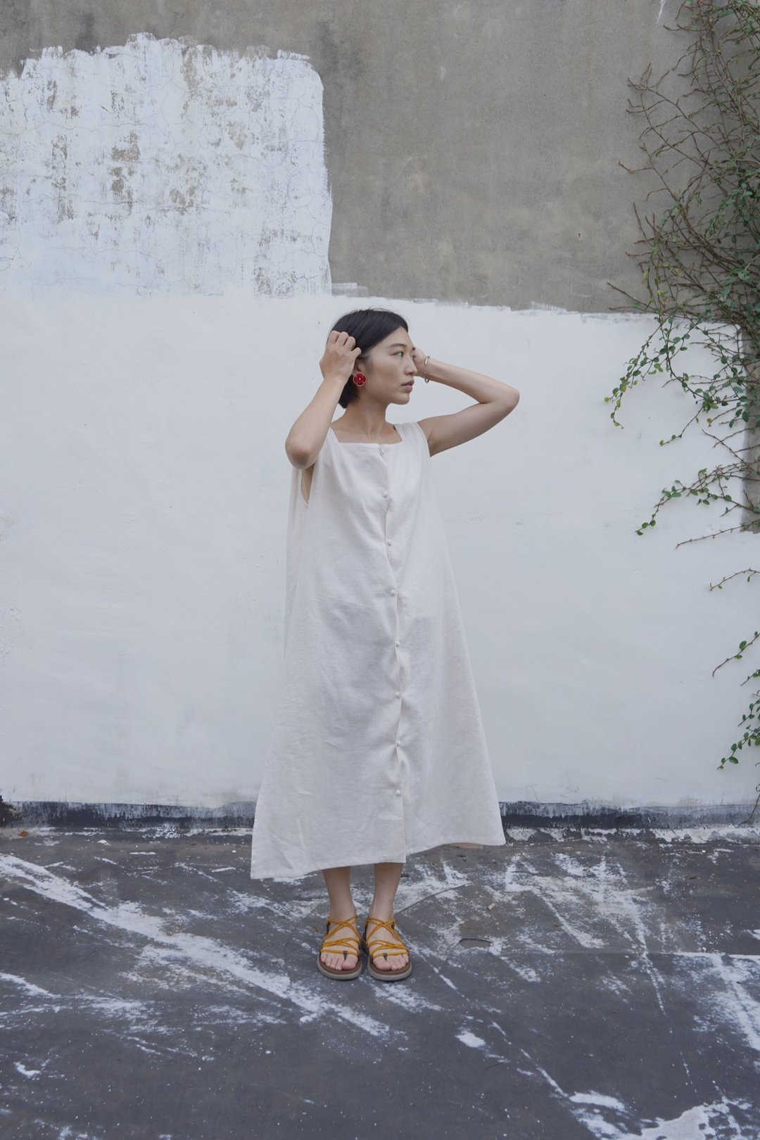 dress | 波浪洋装 * 厚白苎麻 - 洋装/连衣裙 - 棉 白色