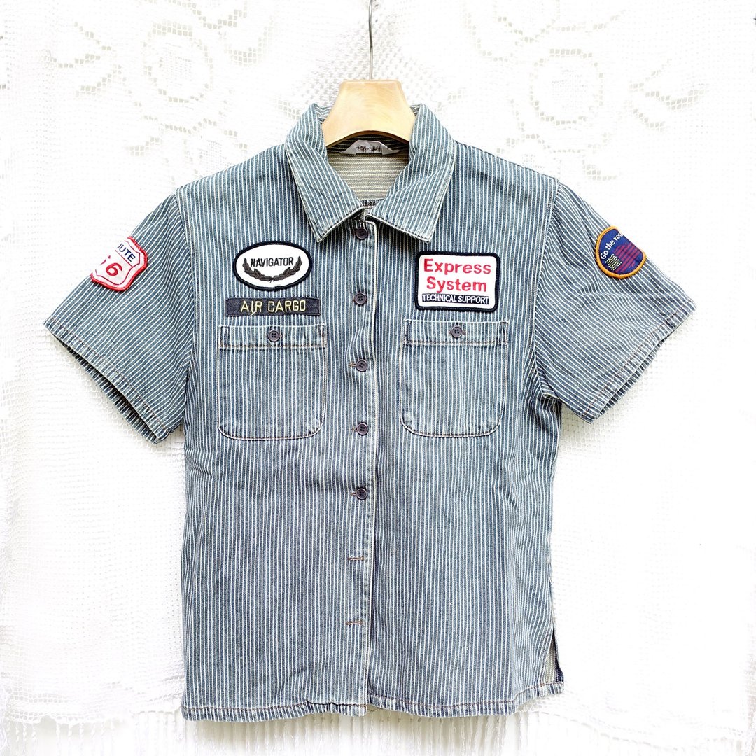 BajuTua/古着/ 蓝白纹牛仔工作服 (white stripes denim work ware) - 女装衬衫 - 棉 蓝色