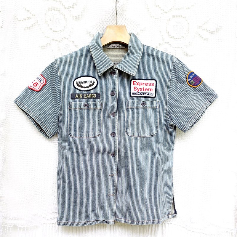 BajuTua/古着/ 蓝白纹牛仔工作服 (white stripes denim work ware) - 女装衬衫 - 棉．麻 蓝色