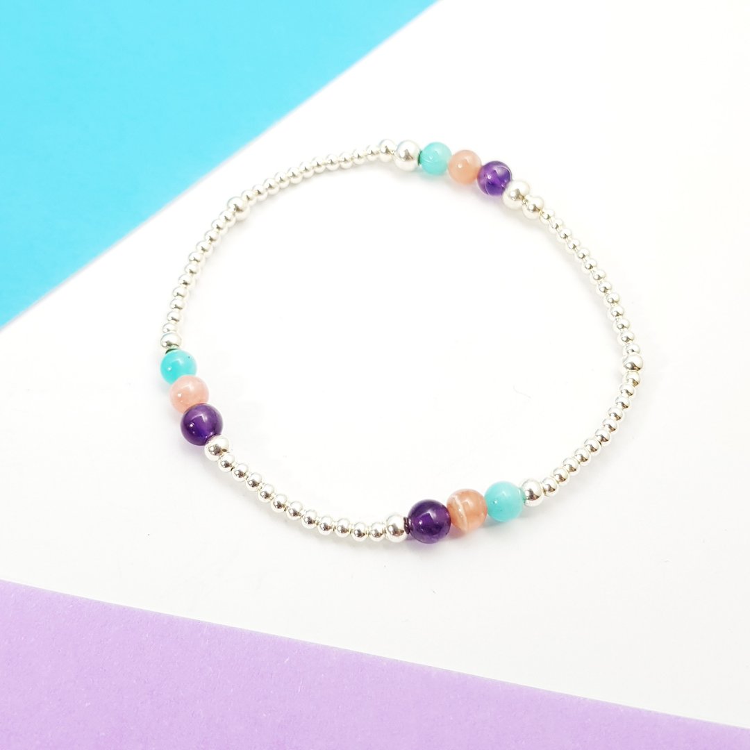 喜孜孜小石子~紫水晶_菱锰矿_天河石纯银弹性手环 - 手链/手环 - 纯银 多色