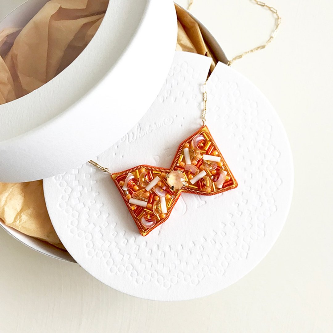 14KGF/EMBROIDERY: ORIBBON-II Necklace #01.FO -embroidered necklace - 项链 - 绣线 橘色