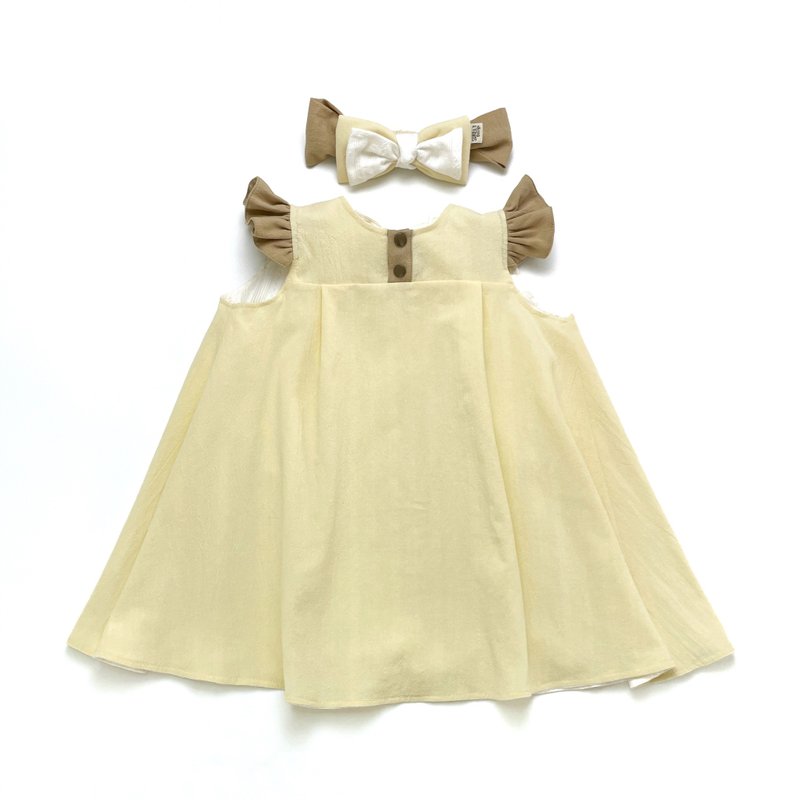 五点钟奶茶 | 双面花边蕾丝后绑带伞状洋装发带套组 - 满月礼盒 - 棉．麻 卡其色