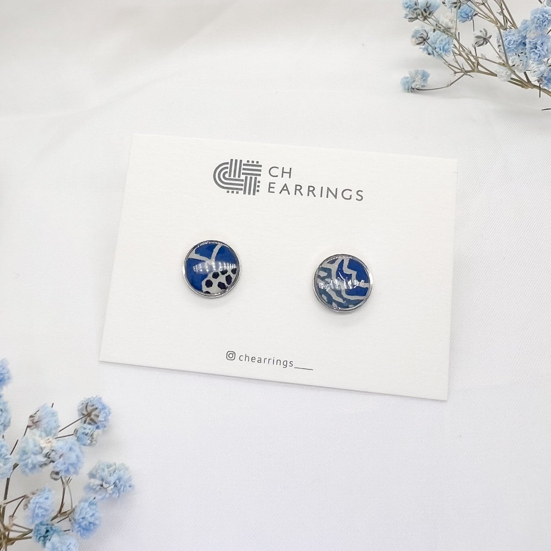 Chearrings | 日本和纸 树脂 圆形耳钉 - 耳环/耳夹 - 纸 蓝色