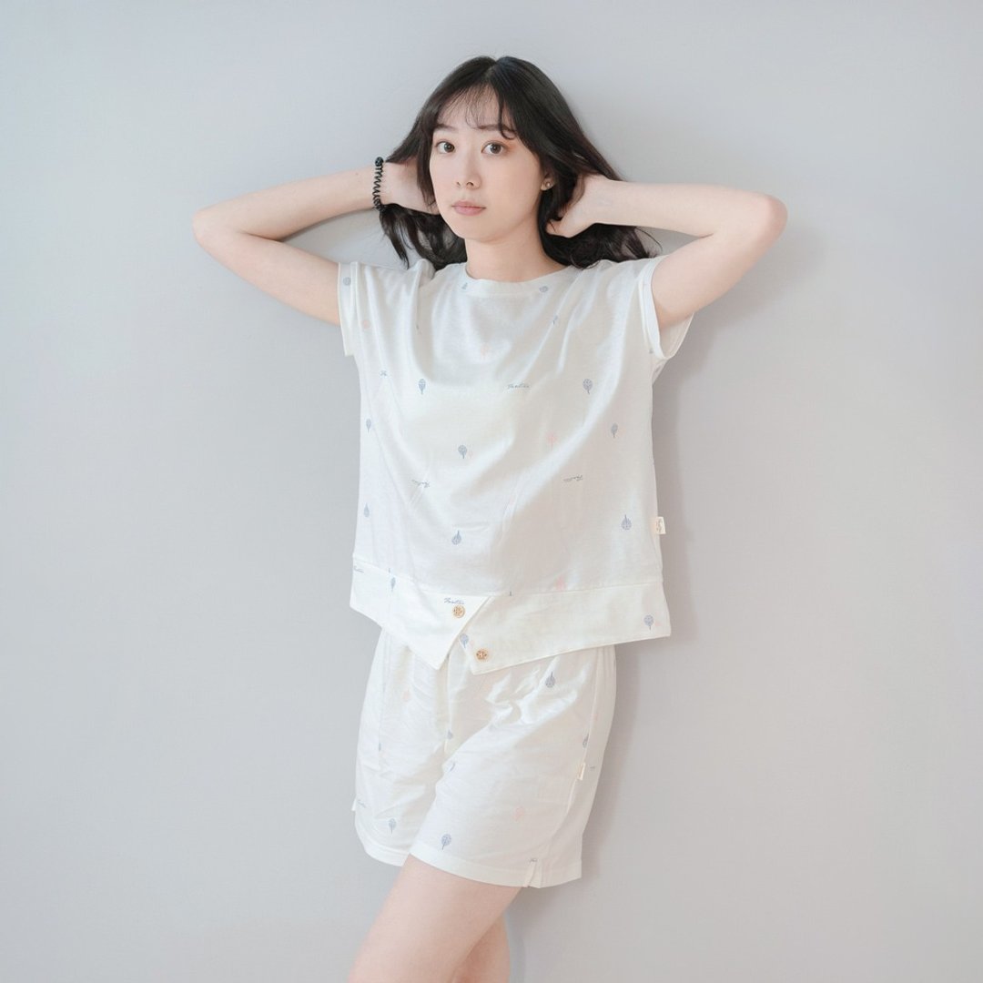 UMORFIL胶原蛋白印花短袖居家服-白(蓝色) - 居家服/睡衣 - 棉 白色