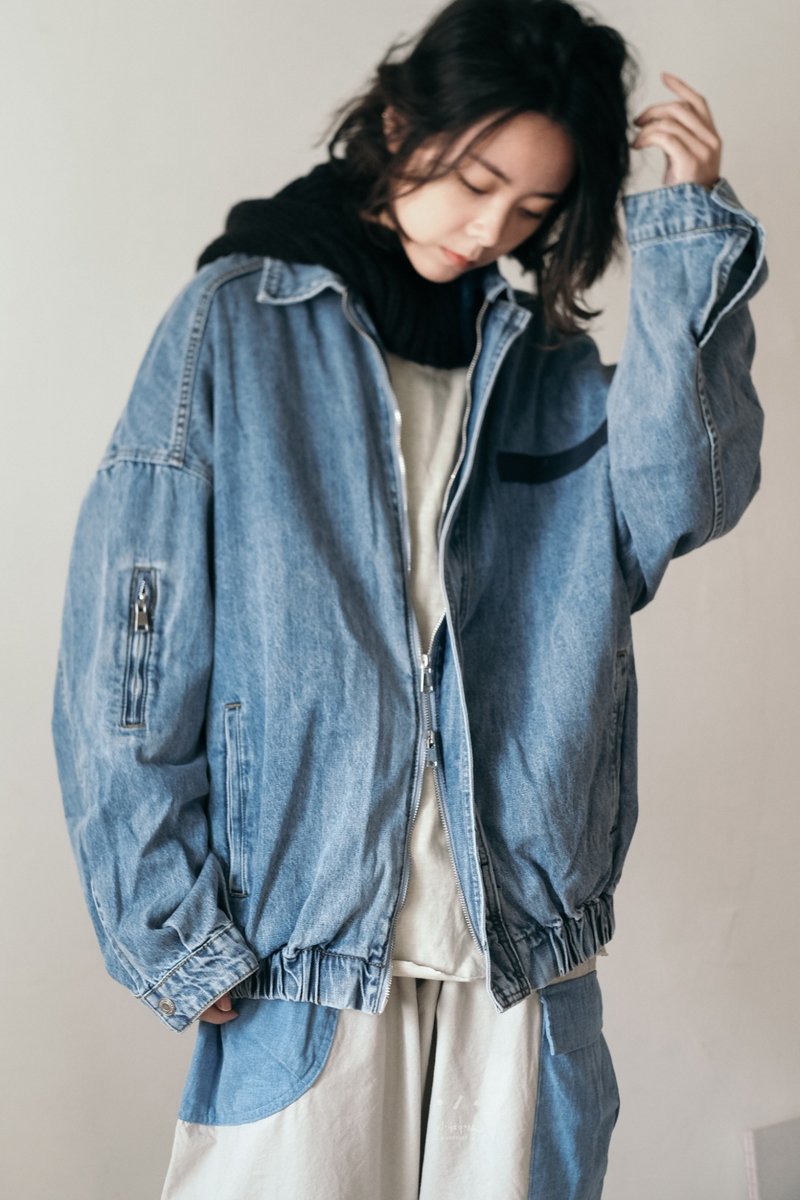 复古派重机牛仔蓝外套 中性大口袋单宁外套 - 女装休闲/机能外套 - 棉．麻 蓝色